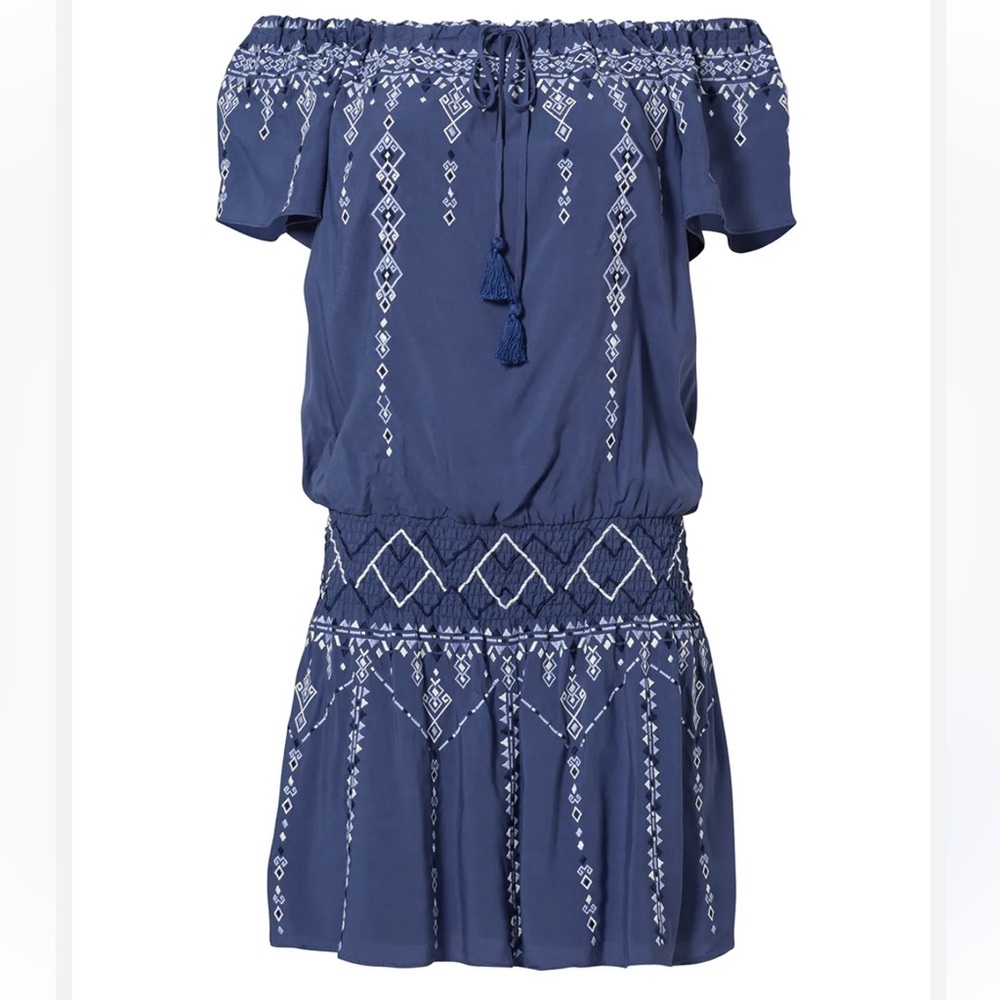 Parker Tammy Dress Size S Blue Off-Shoulder Mini Embroidered Smocked Tassels - Picture 4 of 10